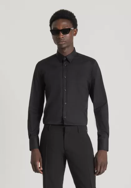 Hombre Antony Morato Negro Camisas Elegante Camisa Súper Slim Fit «Milano» En Popelina De Algodón Mixto Elástico