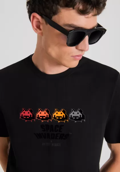Camiseta Regular Fit 100 % De Algodón Con Estampado Space Invaders Antony Morato Disponible Negro Hombre Camisetas Y Polo