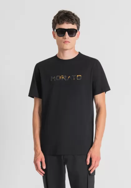 Elegante Camiseta Regular Fit De Puro Algodón Puro Con Logotipo Engomado Estampado Camisetas Y Polo Hombre Antony Morato Negro