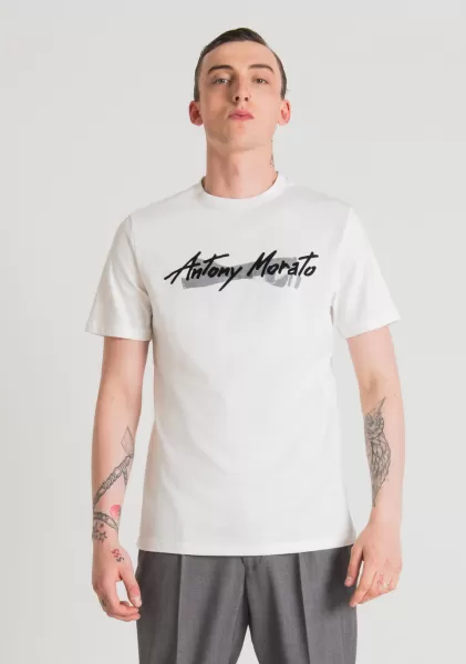 Camiseta Regular Fit De Algodón Puro Con Logotipo De Goma Estampado Hombre Camisetas Y Polo Oferta Crema Antony Morato