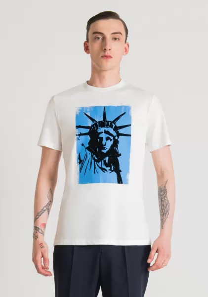 Camiseta Regular Fit 100 % De Algodón Con Estampado De La Estatua De La Libertad Crema Hombre Camisetas Y Polo Antony Morato 2024