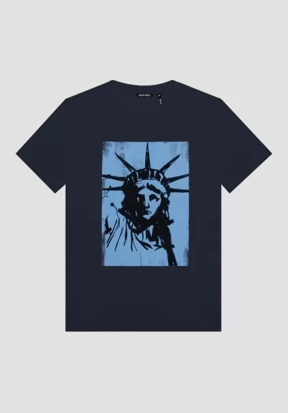 Tinta Azul Camiseta Regular Fit 100 % De Algodón Con Estampado De La Estatua De La Libertad Hombre Antony Morato Camisetas Y Polo Promoción
