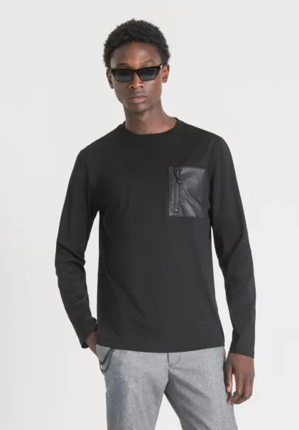 Hombre Antony Morato Negro Camiseta Regular Fit De Manga Larga 100 % De Algodón Con Bolsillo De Piel Sintética Con Cremallera Garantizar Camisetas Y Polo