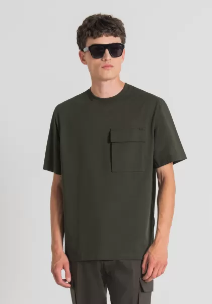Antony Morato Verde Militar Oscuro Moda Camiseta Extragrande De Algodón Puro Con Bolsillo En El Lado Del Corazón Hombre Camisetas Y Polo