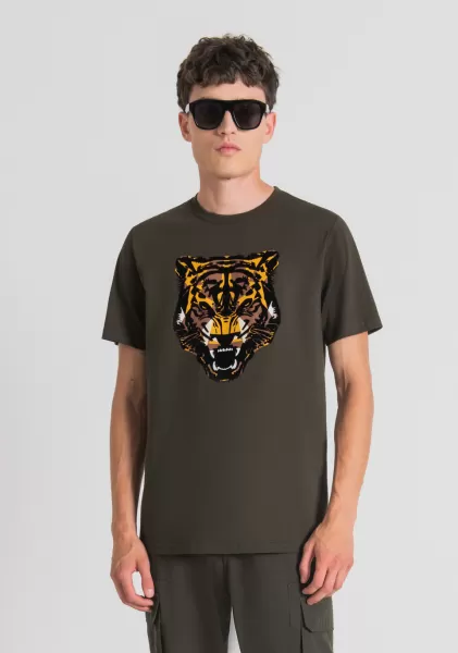 Camisetas Y Polo Vender Camiseta Regular Fit 100 % De Algodón Con Estampado De Tigre Antony Morato Hombre Verde Militar Oscuro
