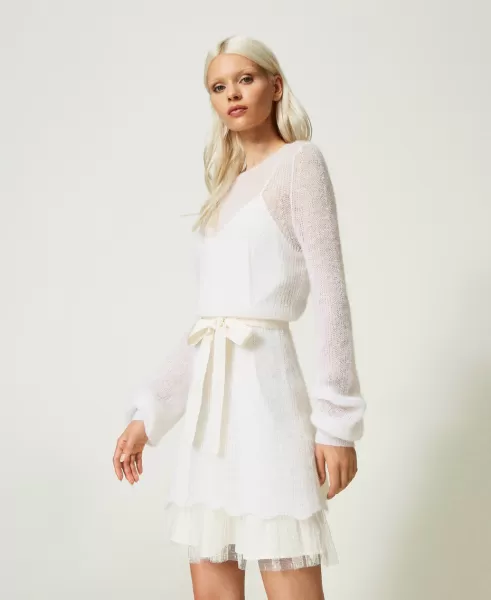 White Nieve Vestidos Cortos Mujer Vestido Corto De Mohair Mixto Con Combinación Twinset