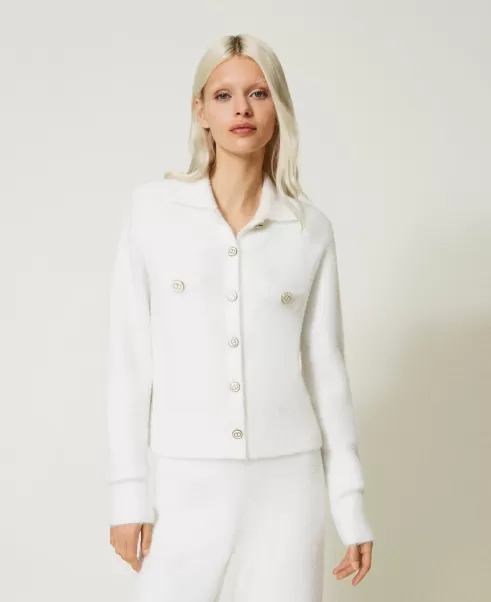 Mujer Chaqueta Corta De Punto Jacquard De Piqué Blazers Twinset White Nieve