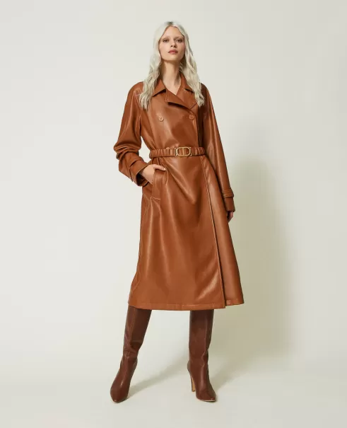 Twinset Leather Brown Gabardina Con Efecto Piel Y Cinturón Elástico Mujer Abrigos Y Gabardinas