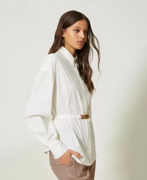 Twinset Blanco Mujer Camisa De Popelina Con Cinturón Blusas Y Camisas