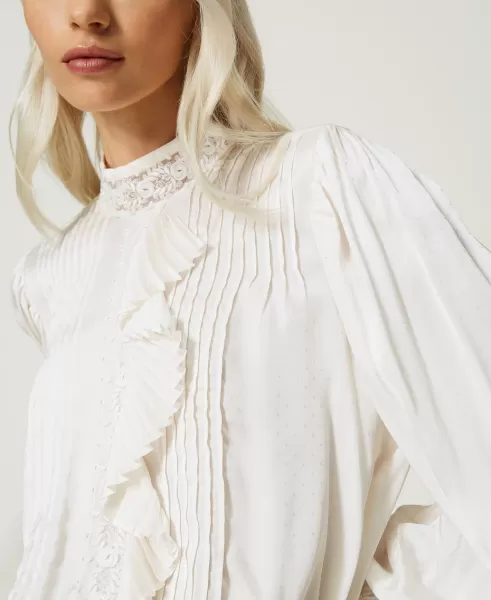 Mujer Blusa De Jacquard Con Encaje Y Volantes White Nieve Blusas Y Camisas Twinset