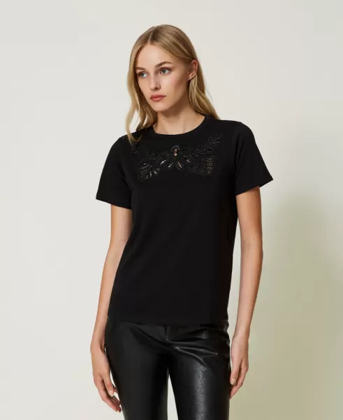 Twinset Camisetas Y Tops Negro Camiseta Con Bordados Suizos Mujer