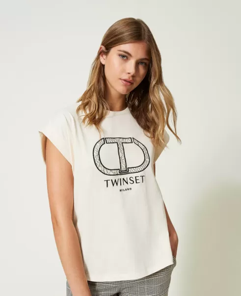 Mujer Blanco Crema Camisetas Y Tops Camiseta Con Bordado Oval T Twinset