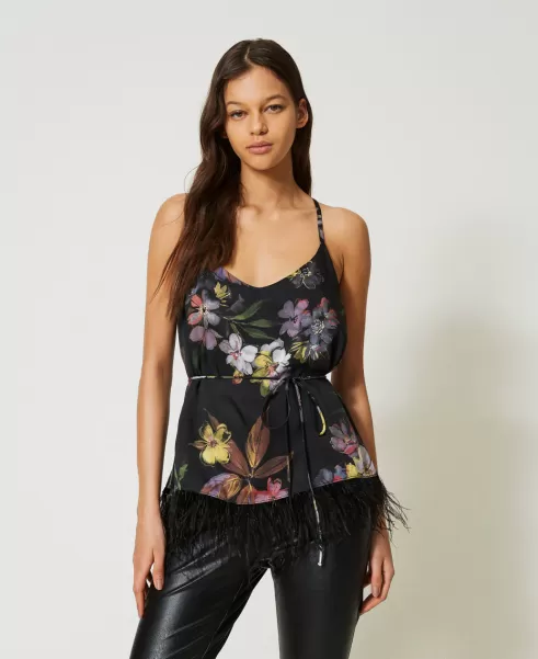 Estampado Flor Negro / Multicolor Camisetas Y Tops Mujer Twinset Top De Sarga Con Flores Y Plumas