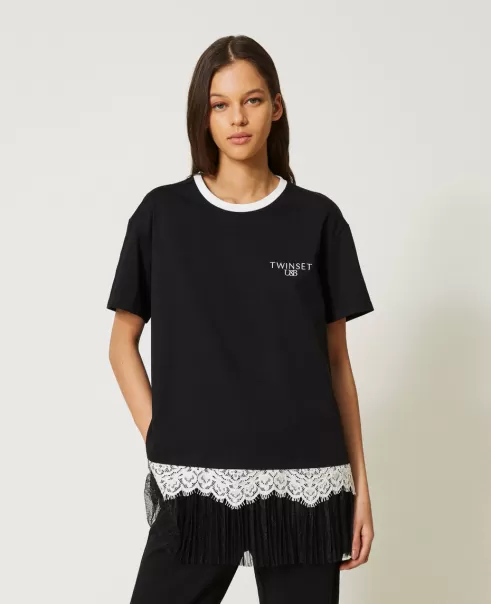 Mujer Camisetas Y Tops Maxicamiseta Con Encaje Y Tul Plisado Bicolor Negro / Vainilla Twinset