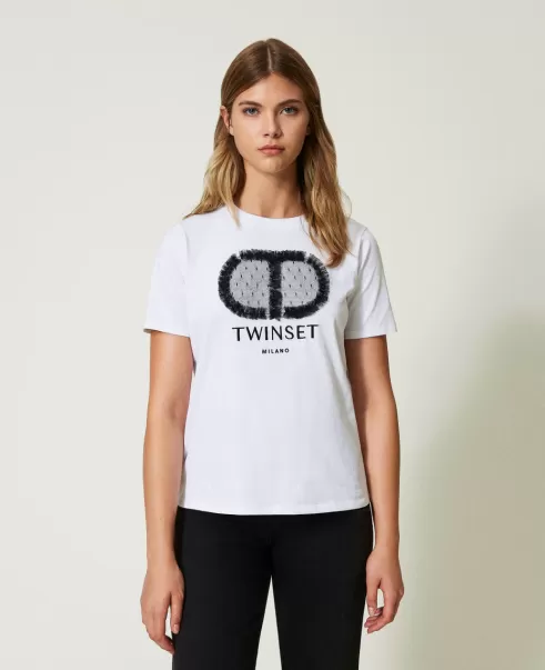 Mujer Camisetas Y Tops Twinset Blanco Bordado Negro Camiseta Regular Con Oval Y Encaje