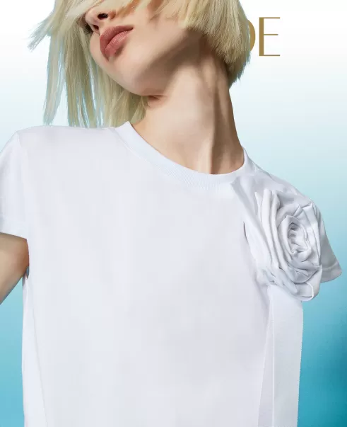 Camisetas Y Tops Mujer Twinset Camiseta Con Rosa De Tafetán Bright White