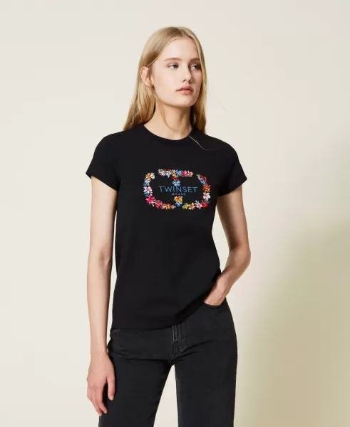 Twinset Camisetas Y Tops Camiseta Con Logotipo Y Bordado Floral Negro Mujer