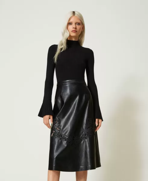 Twinset Faldas Mujer Negro Falda Midi Con Bordados A Mano