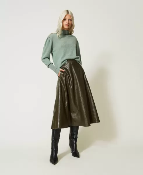 Falda Midi Con Textura Animal Print Verde «Deep Olive» Faldas Mujer Twinset