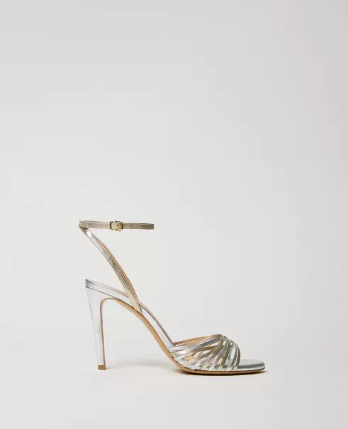 Bicolor Silver / Oro Twinset Sandalias Cage De Piel Laminada Mujer Zapatos De Salón Y Sandalias
