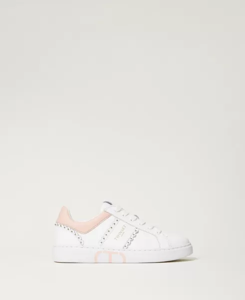 Mujer Zapatos Planos Sneakers De Piel Con Festón Y Tachuelas Twinset Bicolor Off White / Misty Pink