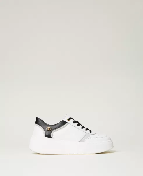 Mujer Zapatos Planos Bicolor Blanco Roto / Negro Sneakers De Piel Con Plataforma Twinset