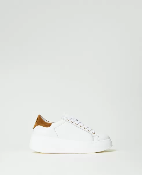 Zapatos Planos Bicolor Blanco Óptico / Marrón «Pecan» Mujer Sneakers De Piel Con Logotipo Twinset