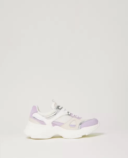 Bicolor Blanco Óptico / Morado Zapatos Planos Mujer Twinset Sneakers Running De Piel Son Inserciones
