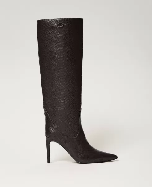 Twinset Botas Altas Con Estampado De Cocodrilo Zapatos De Tacón Mujer Estampado Pitón Negro