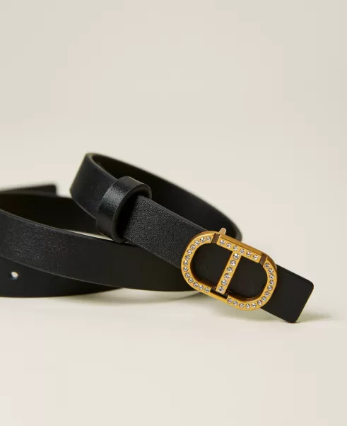 Cinturón De Piel Con Logotipo Y Strass Cinturones Mujer Twinset Negro